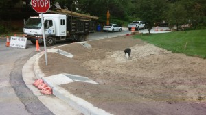 In this bioretention retrofit, storm drain inlets are protected prior to planting. Image credit: Montgomery County, Md., Department of Environmental Protection