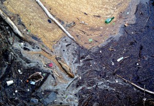 Bits of Styrofoam and other trash float in the Potomac River near a stormwater outfall after a large storm event.