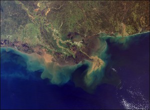 This image shows sediment from the Mississippi River entering the Gulf of Mexico. Image by NASA's Moderate Resolution Imaging Spectroradiometer (MODIS) aboard the agency's Terra satellite in 2001.